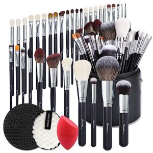 bueart design pro makeup artist brushes set 34pcs deluxe real goat hair horse hair makeup brush set with extra large holder professional labeled makeup brush set with natural pony hair