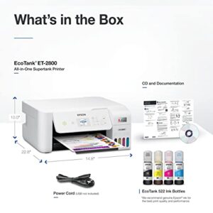 Epson EcoTank ET-2800 Wireless Color All-in-One Supertank Inkjet Printer, White - Print Scan Copy - 10 ppm, 5760 x 1440 dpi, 1.44" LCD Display, Borderless Photo Prints