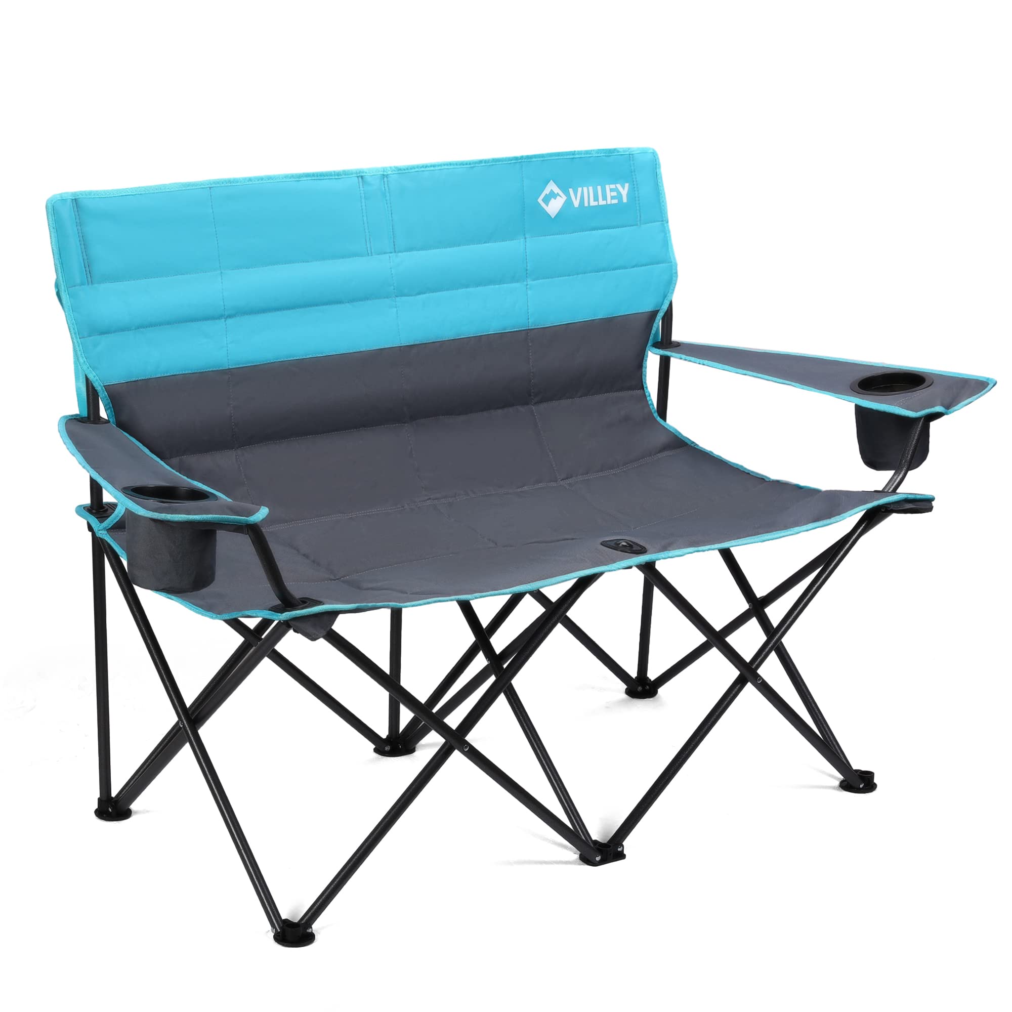 VILLEY Double Camping Chair, Extra Wide Loveseat, Heavy Duty Padded Camping Couch, Portable Folding Camp Chair w/Carry Bag, Steel Frame, Cup Holders for Camping Lawn Picnic Sports, Supports 500 LBS