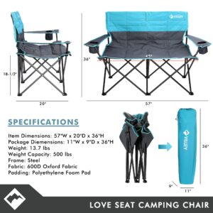 VILLEY Double Camping Chair, Extra Wide Loveseat, Heavy Duty Padded Camping Couch, Portable Folding Camp Chair w/Carry Bag, Steel Frame, Cup Holders for Camping Lawn Picnic Sports, Supports 500 LBS