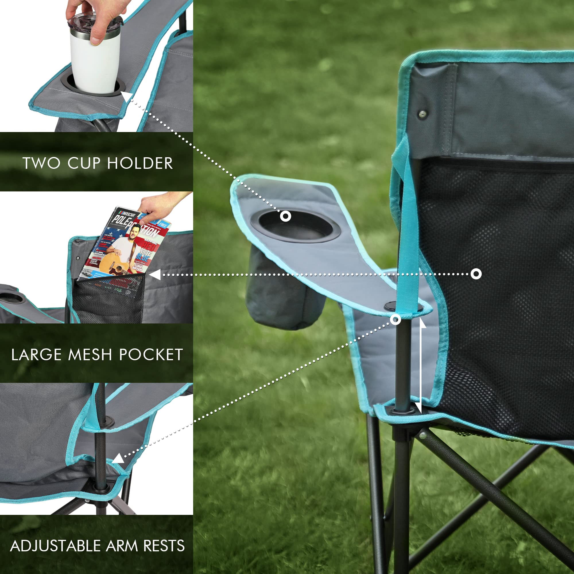 VILLEY Double Camping Chair, Extra Wide Loveseat, Heavy Duty Padded Camping Couch, Portable Folding Camp Chair w/Carry Bag, Steel Frame, Cup Holders for Camping Lawn Picnic Sports, Supports 500 LBS