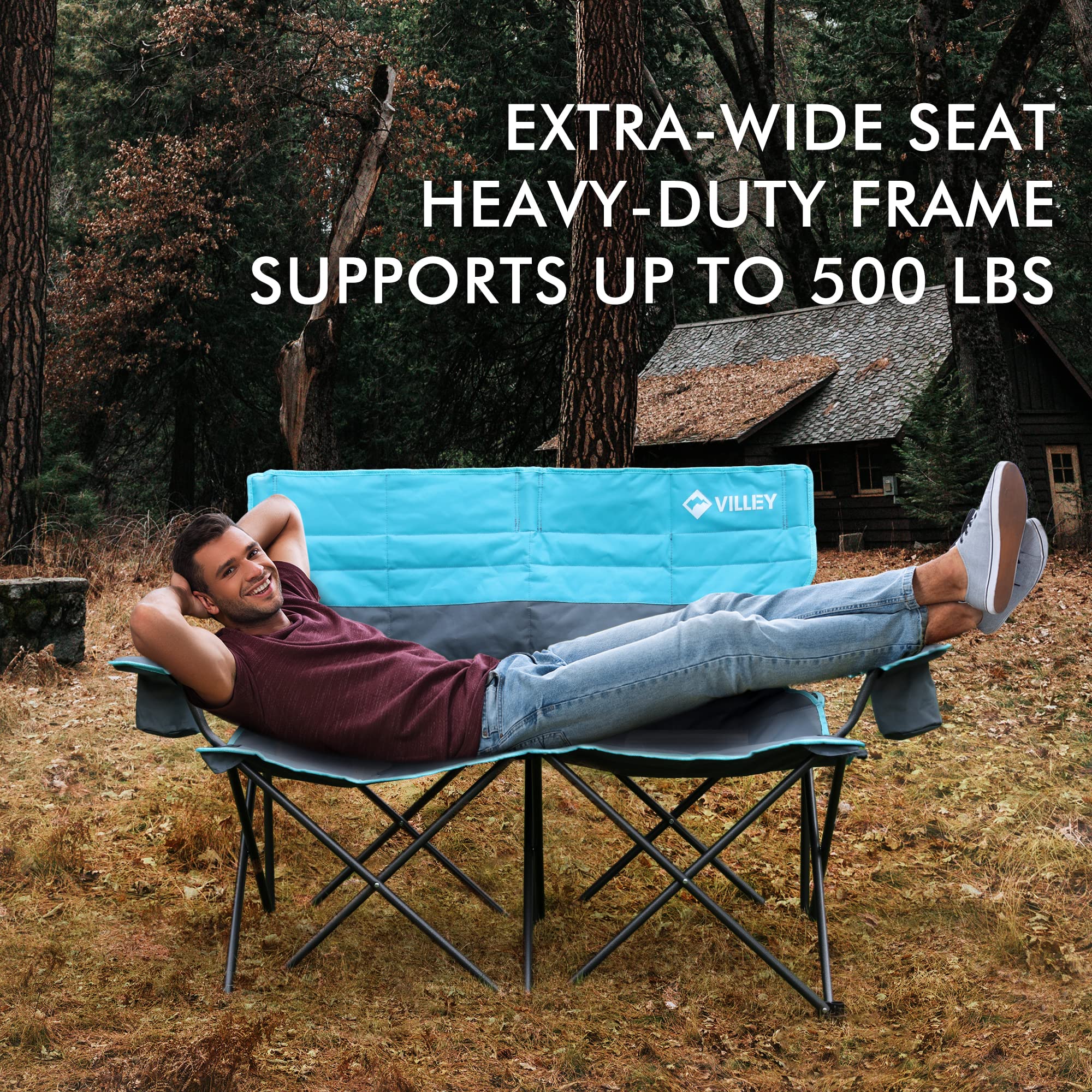 VILLEY Double Camping Chair, Extra Wide Loveseat, Heavy Duty Padded Camping Couch, Portable Folding Camp Chair w/Carry Bag, Steel Frame, Cup Holders for Camping Lawn Picnic Sports, Supports 500 LBS