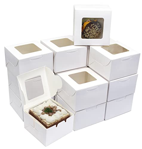 30PCS Bakery Boxes,4"x4"x2.5" Small Pastry Treat Boxes with Window Gift Packaging Boxes for Cookies,Pastries,Mini Cakes,Pie Slice,Stickers Included,(White)