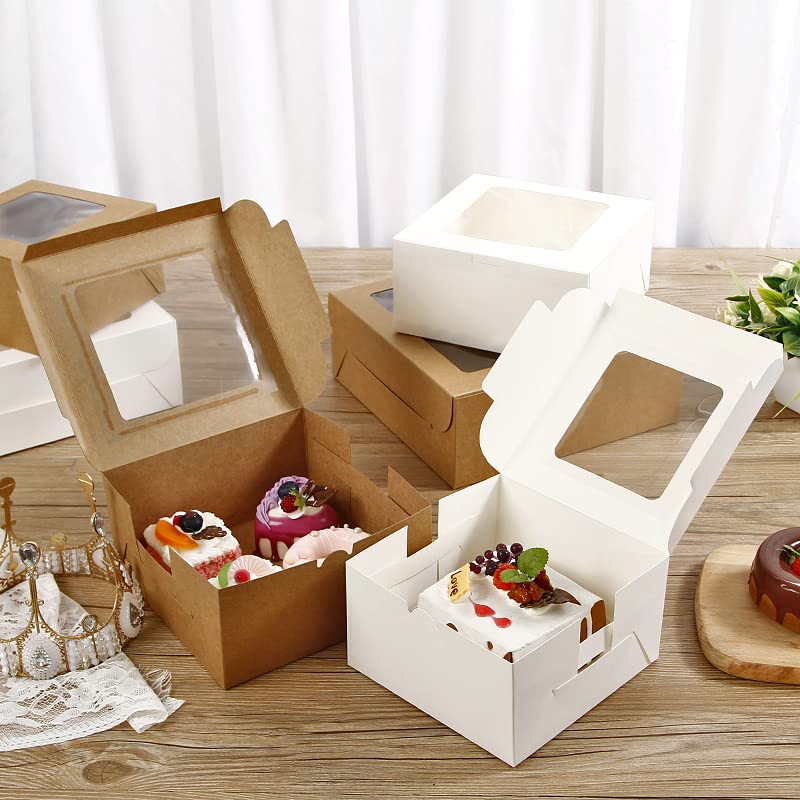 30PCS Bakery Boxes,4"x4"x2.5" Small Pastry Treat Boxes with Window Gift Packaging Boxes for Cookies,Pastries,Mini Cakes,Pie Slice,Stickers Included,(White)