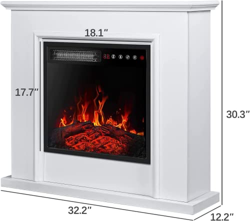 BOSSIN 32" Electric Fireplace Mantel with 18 inch 1500W Electric Fireplace Insert, Package Freestanding Fireplace Heater,White Wooden Firebox Faux Log & Led Flames, Touch Screen &Remote Control