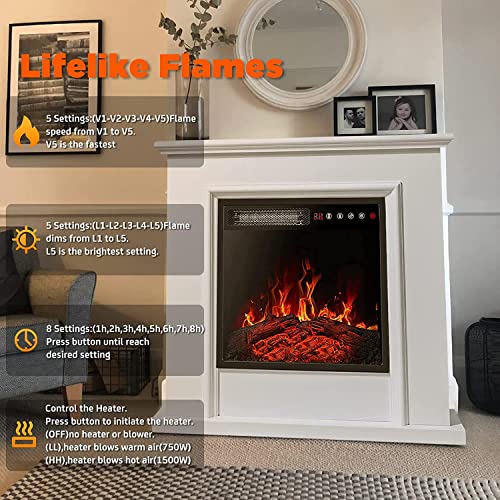 BOSSIN 32" Electric Fireplace Mantel with 18 inch 1500W Electric Fireplace Insert, Package Freestanding Fireplace Heater,White Wooden Firebox Faux Log & Led Flames, Touch Screen &Remote Control