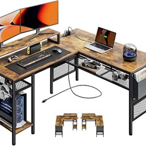 ErGear L Shaped Computer Desk with USB Charging Port and Power Outlet, 55 inch Corner Desk with Storage Shelves, 2 Person Long Gaming Table Modern Home Office Desk