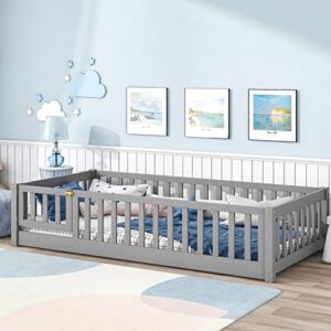 tatub twin size floor bed with safety guardrails and door and slats, toddler floor bed frame for girls and boys, wood montessori floor bed for kids, twin-grey