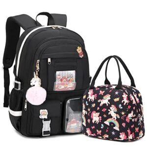 laptop backpacks 16 inch school bag with lunch box set college elementary backpack cute lunch bag travel large bookbags for teens girls women kids students (black- unicron)