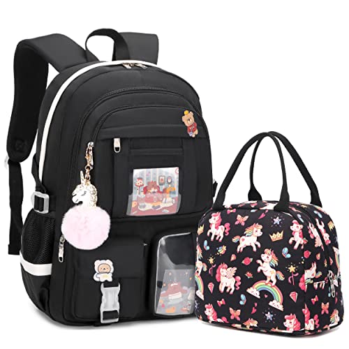 Laptop Backpacks 16 Inch School Bag with Lunch Box Set College Elementary Backpack Cute Lunch Bag Travel Large Bookbags for Teens Girls Women Kids Students (Black- Unicron)