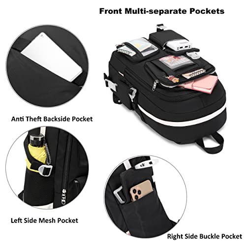 Laptop Backpacks 16 Inch School Bag with Lunch Box Set College Elementary Backpack Cute Lunch Bag Travel Large Bookbags for Teens Girls Women Kids Students (Black- Unicron)