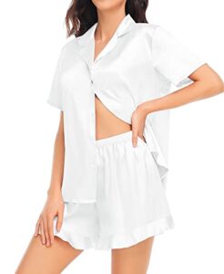 swomog womens silk satin pajamas set two-piece ruffle sleepwear loungewear button-down pj sets white