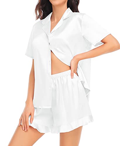 SWOMOG Womens Silk Satin Pajamas Set Two-piece Ruffle Sleepwear Loungewear Button-Down Pj Sets White