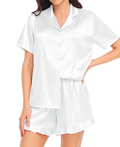 SWOMOG Womens Silk Satin Pajamas Set Two-piece Ruffle Sleepwear Loungewear Button-Down Pj Sets White