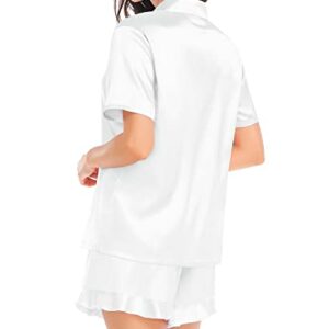 SWOMOG Womens Silk Satin Pajamas Set Two-piece Ruffle Sleepwear Loungewear Button-Down Pj Sets White