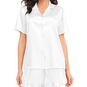SWOMOG Womens Silk Satin Pajamas Set Two-piece Ruffle Sleepwear Loungewear Button-Down Pj Sets White