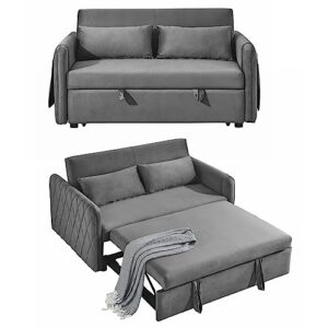 ucloveria sleeper sofa bed, pull out couch bed with 2 detachable arm pockets, adjustable velvet loveseat futon sofa couch for living room bedroom, 55" 2-seater lounge sofa, grey