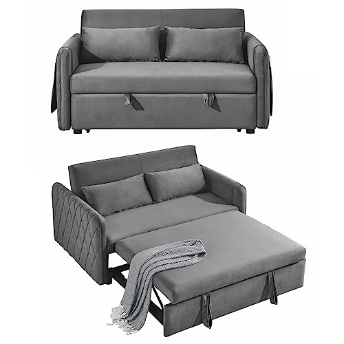 Ucloveria Sleeper Sofa Bed, Pull Out Couch Bed with 2 Detachable Arm Pockets, Adjustable Velvet Loveseat Futon Sofa Couch for Living Room Bedroom, 55" 2-Seater Lounge Sofa, Grey