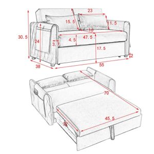 Ucloveria Sleeper Sofa Bed, Pull Out Couch Bed with 2 Detachable Arm Pockets, Adjustable Velvet Loveseat Futon Sofa Couch for Living Room Bedroom, 55" 2-Seater Lounge Sofa, Grey