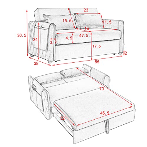 Ucloveria Sleeper Sofa Bed, Pull Out Couch Bed with 2 Detachable Arm Pockets, Adjustable Velvet Loveseat Futon Sofa Couch for Living Room Bedroom, 55" 2-Seater Lounge Sofa, Grey