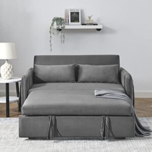 Ucloveria Sleeper Sofa Bed, Pull Out Couch Bed with 2 Detachable Arm Pockets, Adjustable Velvet Loveseat Futon Sofa Couch for Living Room Bedroom, 55" 2-Seater Lounge Sofa, Grey