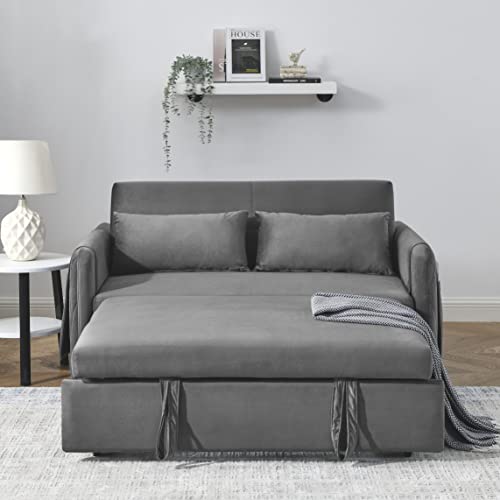 Ucloveria Sleeper Sofa Bed, Pull Out Couch Bed with 2 Detachable Arm Pockets, Adjustable Velvet Loveseat Futon Sofa Couch for Living Room Bedroom, 55" 2-Seater Lounge Sofa, Grey