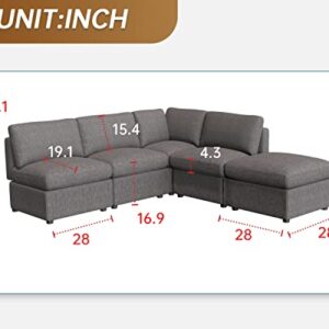 FDW L Shaped Couch Convertible 4-Seat Sofa with Ottoman for Living Room Bedroom Office, Dark Gray