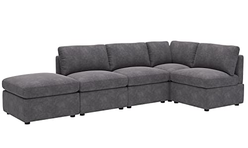 FDW L Shaped Couch Convertible 4-Seat Sofa with Ottoman for Living Room Bedroom Office, Dark Gray