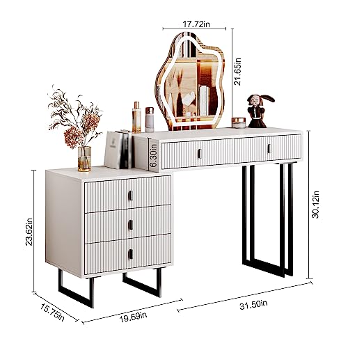 leejdn White Vanity Desk with 3-Color Touch Screen Lighted Mirror, 5 Drawers, Makeup Vanity Table Set with LightsDressing Table for Women Girls