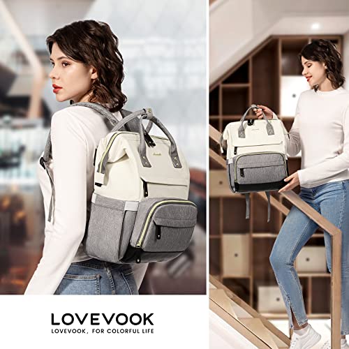 LOVEVOOK Laptop Backpack for Women, 15.6 Inch Work Business Backpacks Purse with USB Port, Large Capacity Educators Nurse Bag Backbag, Waterproof Casual Daypack for Travel,White-Grey-Black