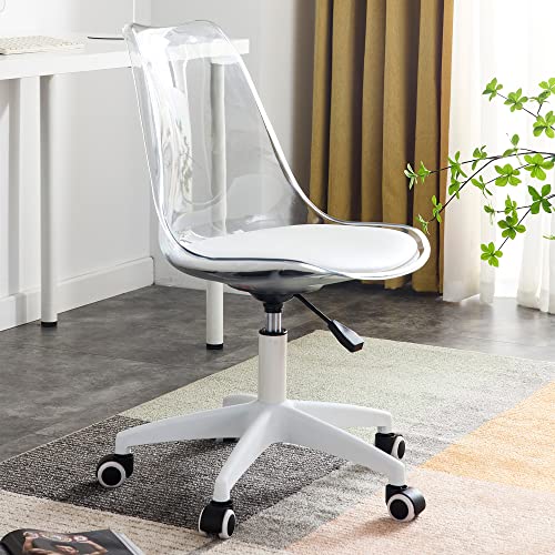 Acrylic Clear Desk Chair Modern Home Office Ghost Chairs with Wheels Cute Armless Rolling Vanity Plastic Chair with Adjustable Height (Clear)