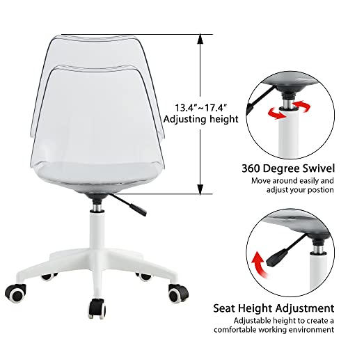 Acrylic Clear Desk Chair Modern Home Office Ghost Chairs with Wheels Cute Armless Rolling Vanity Plastic Chair with Adjustable Height (Clear)