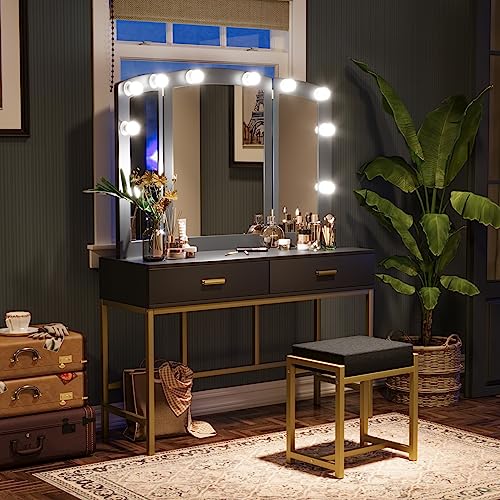 Semiocthome Black Vanity Desk with Mirror and 10 LED Lights, Makeup Vanity with 2 Drawers and Chair, Girls Vanity Set with 3pcs Mirror and Stool, Dressing Table with Gold Metal Frame for Bedroom