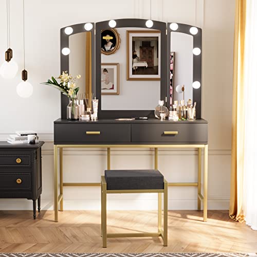 Semiocthome Black Vanity Desk with Mirror and 10 LED Lights, Makeup Vanity with 2 Drawers and Chair, Girls Vanity Set with 3pcs Mirror and Stool, Dressing Table with Gold Metal Frame for Bedroom