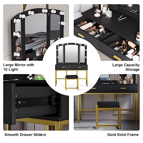 Semiocthome Black Vanity Desk with Mirror and 10 LED Lights, Makeup Vanity with 2 Drawers and Chair, Girls Vanity Set with 3pcs Mirror and Stool, Dressing Table with Gold Metal Frame for Bedroom