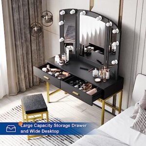 Semiocthome Black Vanity Desk with Mirror and 10 LED Lights, Makeup Vanity with 2 Drawers and Chair, Girls Vanity Set with 3pcs Mirror and Stool, Dressing Table with Gold Metal Frame for Bedroom