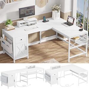 sedeta l shaped computer desk, convertible 86.6" home office desk or corner desk, l office desk with drawer, power strip, storage cabinet, monitor stand & storage bag, white