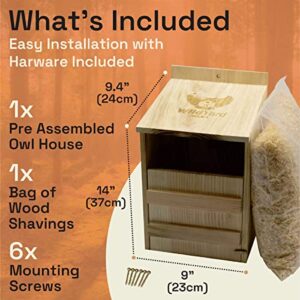 Owl House Real Wood - Easy to Hang - Prebuilt Owl Box for Outside - Houses Owls & Kestrels - Cedar Shavings & Screws Included - Owl Nesting Box - Barn Owl - Screech owl - Owl Houses for Outdoors