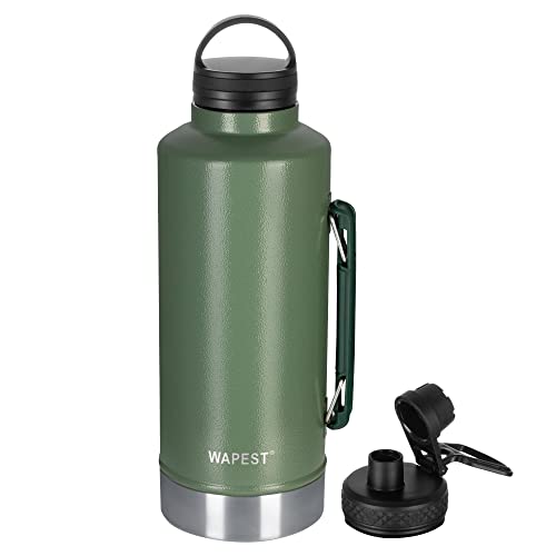 WAPEST Water Bottle 64 oz - Vacuum Insulated Wide Mouth Stainless Steel Thermos with Spout Lid and Flex Cap - Keeps Liquid Cold for 48 Hrs or Hot for 24 Hrs - collapsible handle, Green, 2.2qt