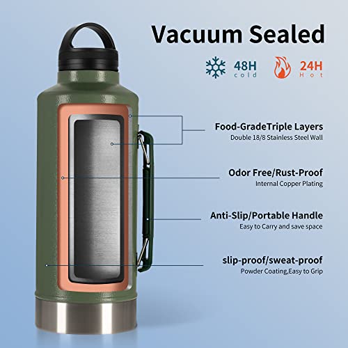 WAPEST Water Bottle 64 oz - Vacuum Insulated Wide Mouth Stainless Steel Thermos with Spout Lid and Flex Cap - Keeps Liquid Cold for 48 Hrs or Hot for 24 Hrs - collapsible handle, Green, 2.2qt