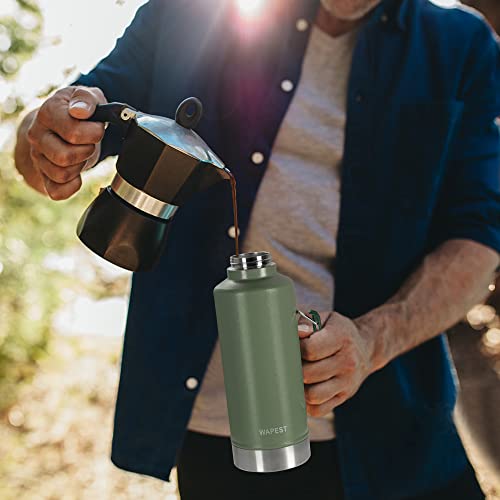 WAPEST Water Bottle 64 oz - Vacuum Insulated Wide Mouth Stainless Steel Thermos with Spout Lid and Flex Cap - Keeps Liquid Cold for 48 Hrs or Hot for 24 Hrs - collapsible handle, Green, 2.2qt