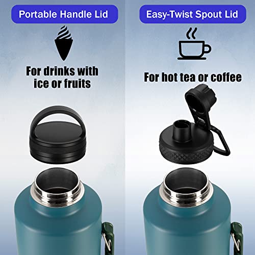 WAPEST Water Bottle 64 oz - Vacuum Insulated Wide Mouth Stainless Steel Thermos with Spout Lid and Flex Cap - Keeps Liquid Cold for 48 Hrs or Hot for 24 Hrs - collapsible handle, Green, 2.2qt