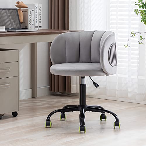 Modern Home Office Chair Upholstered Tufted Velvet Cute Desk Chair Adjustable Swivel Computer Task Chair with Wheels for Girls Women Accent Chair Vanity Chair for Living Room Bedroom Makeup (Grey)