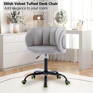 Modern Home Office Chair Upholstered Tufted Velvet Cute Desk Chair Adjustable Swivel Computer Task Chair with Wheels for Girls Women Accent Chair Vanity Chair for Living Room Bedroom Makeup (Grey)