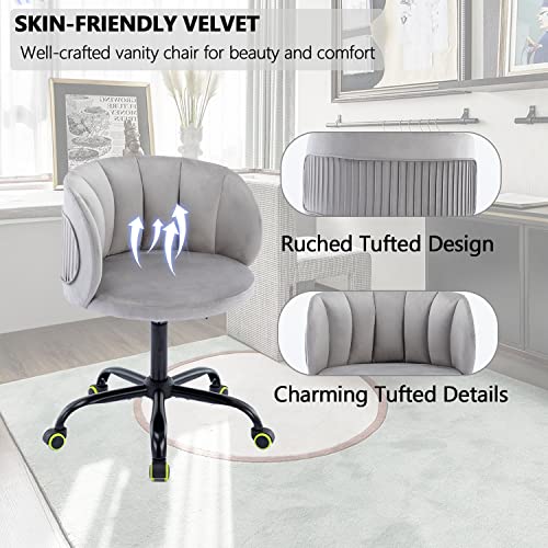 Modern Home Office Chair Upholstered Tufted Velvet Cute Desk Chair Adjustable Swivel Computer Task Chair with Wheels for Girls Women Accent Chair Vanity Chair for Living Room Bedroom Makeup (Grey)