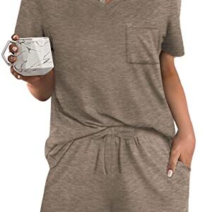 RUBZOOF Pajamas for Women Shorts Set V Neck Casual Summer Short Sleeve Lounge Sets Grey XL