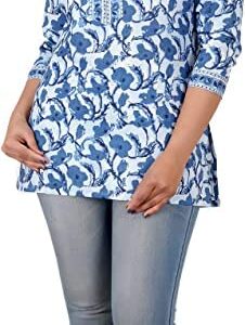 COTTON HTHRANG Indian Women's Tunics Tops, Cotton Hand Block Printed Short Kurti, Shirt, Blouse For Women Royal Blue