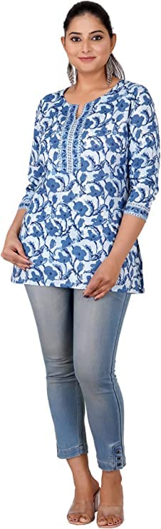 COTTON HTHRANG Indian Women's Tunics Tops, Cotton Hand Block Printed Short Kurti, Shirt, Blouse For Women Royal Blue