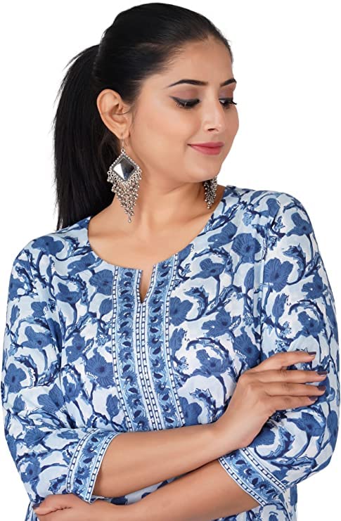 COTTON HTHRANG Indian Women's Tunics Tops, Cotton Hand Block Printed Short Kurti, Shirt, Blouse For Women Royal Blue