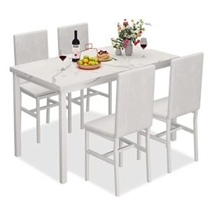 miere dining table set for 4, 5-piece marble diningtableset with 4 faux leather metal frame chairs for kitchen, bar, living room, breakfast nook, small space, 03 pure white